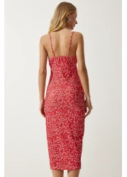 Happiness İstanbul فستان نسائي صيفي محبوك باللونين الأحمر والأبيض مزين بالزهور CI00029