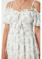 Lovelyİstanbul فستان فيسكوز صيفي طويل مكشكش ومزخرف بحزام ECRU GREEN LUB0112