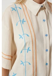 Happiness İstanbul قميص نسائي من الكتان المطرز باللون الكريمي RG00039