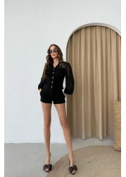 RB CLUB Button Detailed Sleeves Chiffon Blouse Black