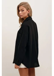 Bigdart 20153 قميص كتان كبير الحجم بجيب واحد - أسود