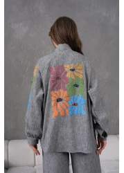 Miss Allos Women's Back and Sleeves Sequin Sequin Embroidered Linen Kimono Coat and Pants Bottom Top Suit