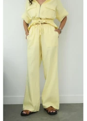 Havoş Yellow Front Zippered Belted Blouse Trousers Set