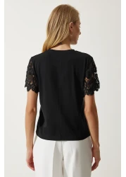 Happiness İstanbul Women's Black Guipure Sleeve Knitted Blouse HF00450