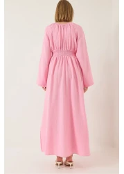 Bianco Lucci Women's V-Neck Waist Gimped Wide Sleeves Slit Detailed Long Cotton Muslin Dress 3016 60283196