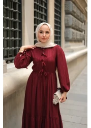 LOCCO فستان نسائي برباط على الخصر باللون العنابي