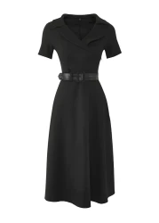  Collection Black Button Detailed Skater/Belt Opening Midi Woven Dress TWOSS22EL1185