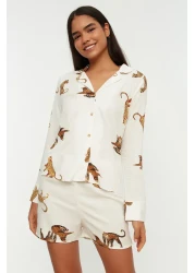  Collection Ecru Tiger Pattern Viscose Shirt-Shorts Woven Pajamas Set THMAW21PT0340