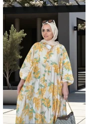 Aselim Hijap Moda فستان صيفي منقوش بالزهور من القطن باللون الأصفر