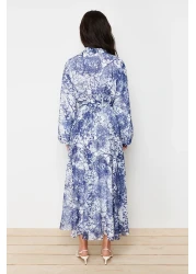  Modest Blue Floral Patterned Lined Long Chiffon Evening Dress TCTSS24EB00040