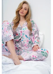 Trend Alaçatı Stili Women's Powder Piping Detailed Digital Printed Satin Long Shirt and Pants Pajama Set Pjm-X13913