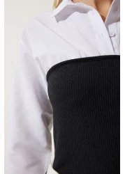 Happiness İstanbul بلوزة قميص بولو بياقة بولو بيضاء وسوداء للنساء AN00174
