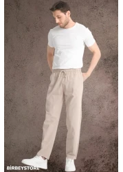 BİRBEYSTORE Summer Linen Trousers Raw Cloth Sweatpants Elastic Waist Unisex Comfortable Fit