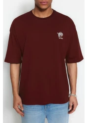  Collection تي شيرت قطني بني كبير الحجم بنمط الشرق الأقصى - TMNSS23TS00170