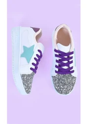 MECH BUTİK Girl's White Sneakers Green Starry Silver Sequin Colorful Lace-Up Sneakers