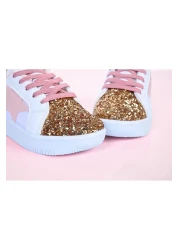 MECH BUTİK Girls' White Sports Shoes Pink Starry Gold Color Sequin Colorful Lace-Up Sneakers