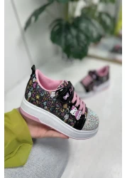 Nstil Black - Pink Girls' Sports Shoes, Oval Glitter and Velcro Toe Pattern 4004