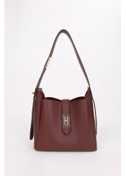 NOTHING Women's Burgundy Gold Lock Detailed Accessory Adjustable Lock Strap Handbag and Shoulder Bag