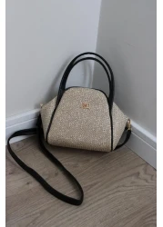 Mimoza حقيبة يد وكتف نسائية من الجلد الصناعي الأسود المزخرف بالقش