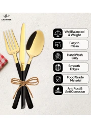 LIFE SMILE Cutlery Set, 18/10 Pure Stainless Steel Flatware Set with Stand, Rust Proof &amp; Fade Proof Dinnerware Set (SHINY GOLD HEAD &amp; SHINY BLACK HANDLE, 38 Pieces)