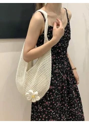 Yogodlns Hollow Out Weave Bag Bohemian Style Beach Handbag Hollow Tote Bag Large Capacity Slouchy Style Beach Bag Shopping Women Casual Beach Bag Large Capacity Crochet Flower Tote Bag Fashion Tote Ha