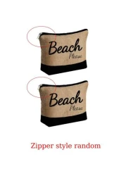 طقم حقيبة كتف بطباعة رسائل شاطئية من كتان بسيط، حقيبة تسوق بقايا صالحة لإعادة الاستخدام وحقيبة مكياج، حقيبة ه