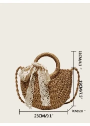 Lightweight Portable Small Straw Bag Skinny Scarf Decor Drawstring Double Handle For For Teen Girls Women College Students Perfect For School Outdoors Travel Outings Handbag Shoulder Bag Elementary Sc