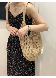 Hollow Out Weave Straw Bag Bohemian Beach Handbag Hollow Tote Bag Large Capacity Shopping Beach Bag Fashion Hollow Out Weave Straw Bag Beach Handbag Bohemian Style Beach Bag Slouchy Style Large Capaci