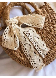 1 Pc Fashionable Bohemian Vacation Style Solid Color Woven Grass With Ribbon Decoration Circular Handle Women s Hand Held Beach Bag Suitable For Leisure Travel Vacation Simple Clothing Matching And Ou