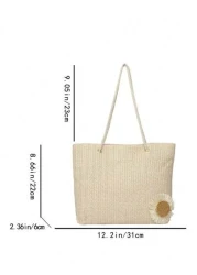 Versatile Solid Color Straw Tote Bag For Women Fashion Large Capacity Woven Underarm Bag Boho Style Small Daisy Decoration Shoulder Bag Lightweight Daily Commuting Shopping Beach Bags Exquisite Summer