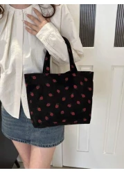 Fashionable Strawberry Print Tote Bag Large Capacity All Match Corduroy Material Shoulder Women s Bag Cute Strawberry Purse