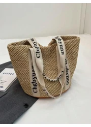 Women s Stylish Woven Straw Beach Tote Bagschool Tote Bag School Bookbag Portable Foldable Business Casual Suitable For Teen Girls Women College Students Teacher Rookies White Collar WorkersCollege Va
