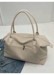 A Plain Corduroy Casual Minimalist Style Large Capacity Foldable Zipper Hand Held Shoulder Tote Bag Suitable For Women s Daily Commuting Shopping Travel Vacation Mommy Storage Bag