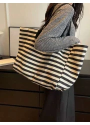 Yogodlns Simple Stripe Design Tote Bag For Girls Women Canvas Shoulder Bag Ladies Shopping Bags High Quality Handbagsschool Tote Bag Portable Foldable Business Casual Suitable For Teen Girls Women Col