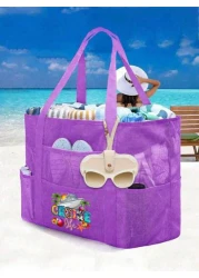 Mesh Beach Bag Large Beach Tote Bag Multi Use Organizer With Zipper Closure Foldable Handy Large Mesh Tote Bag Lightweight For Family Beach Bag For Toys Vacation Essentials School Bag Large Capacity W