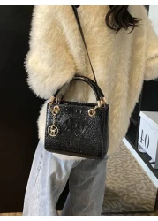 حقيبة يد نسائية كبيرة السعة، حقيبة يد أنيقة فاخرة للنساء، ذات نسيج مزخرف بنمط التمساح، باللون الأسود، ذات حزا