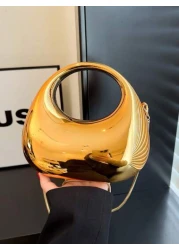 1pc New Arrival Golden Acrylic Clutch Bag Fashionable Personalized Handbag For Evening Party With Light Silver Color Moon Shaped Glittering Surface Detachable Metallic Chain Strap For Crossbody Wearin