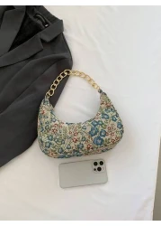 Fashion Metal Chain Handbag With Flower Design Floral Printed Canvas Shoulder Bag Tready Crescent Moon Bag For Women Exquisite Floral Bag For Women