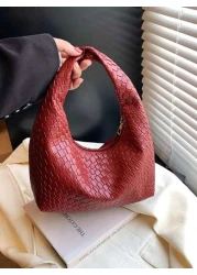 حقيبة كروشيه هلالية الشكل عصرية ذات نقشات منسوجة، حقيبة كاجوال ذات لون موحد، حقيبة كتف متقاطعة الجسم، متعددة