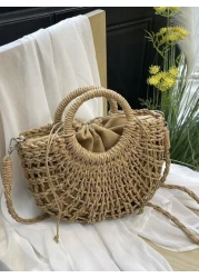 1pc Half Moon Hollow Out Handbag Fashionable Beach Vacation Straw Woven Bag Vacation Bag For Summer Perfect For Beach Vacation Travel Shopping And Vacation Essentials Eye Catching Beach Bag Summer Sum