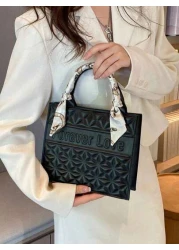 1pc 2pcs Set Fashionable Quilted Square Tote Bag With Letter Pattern And Skinny Scarf Decor Large Capacity PU Shoulder Bag Purse Set Professional Business Briefcase For Work Commute Casual Handbag Off