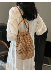 1pc Women s Khaki Drawstring Closure Straw Bucket Bag Bohemian Style Fashion Handbag Tote Bag Suitable For Holiday Travel Suitable For Gifts Parties And Other Occasions