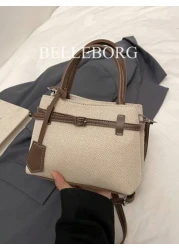High Quality Casual Color Block Retro Canvas Leather Buckle Tote Handbag Versatile For Commuting Women