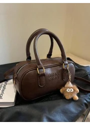 Vintage Retro Bag 1pc Coffee Brown Shoulder Bag With Doll Accessory Large Capacity Soft Leather Boston Tote Bag For Women Four Season Commuter Handbag Fall Winter New Arrivals Japanese Bag