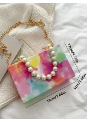 Oil Painting Colorful Metal Chain Shoulder Bag Crystal Pearl Decor Handbag Clutch Wallet Phone Bag For Daily Use And Travel Colorful Purse For Women