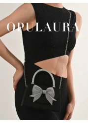 OpulAura Women s European And American Fashion Black Satin Flap Clutch Evening Bag Sparkling Elegant Bowknot Rhinestone Decor Party Handbag Luxury Satin Formal Dress Bag Chain Shoulder Bag Suitable Fo