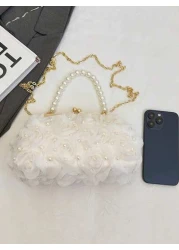 1pc White Romantic Wedding Season 2025 Spring Summer Pearl Net Yarn Flower Clip Pearls Handbag Ladies High End Luxurious Dress Evening Bag Bridal Bag For Wedding Party Banquet Elegant Pearl Bag Exquis