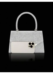 Shiny Elegant Fashionable Charming Rhinestone Flap Handbag Exquisite Women s Evening Bag Matched With Glitter Rhinestone Jewelry Three Pieces Set Luxurious And Exquisite Rhinestone Necklace Bracelet A