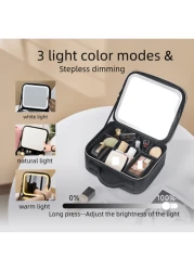 Makeup Bag With Light Up Mirror Travel Cosmetic Case Box 3 Color LED Lighted Mirror With Adjustable Brightness Waterproof Leather Adjustable Dividers Brush Organizer PU Leather Suitable For Girls And