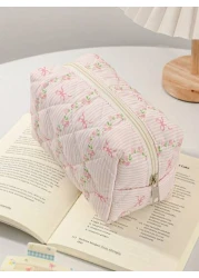 1 حبة / مجموعة حقيبة مكياج زهرية وردية للبنات، حقيبة تخزين متعددة الوظائف مع سحّاب لمستحضرات التجميل والمواد ا